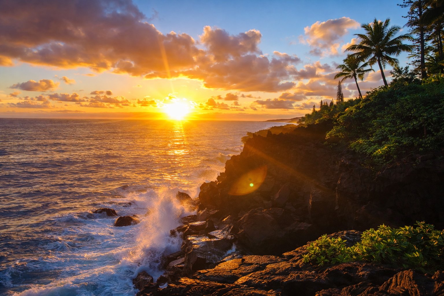 Sunset breaking over the lava ocean cliffs with crashing surf at Wild Blue Waters