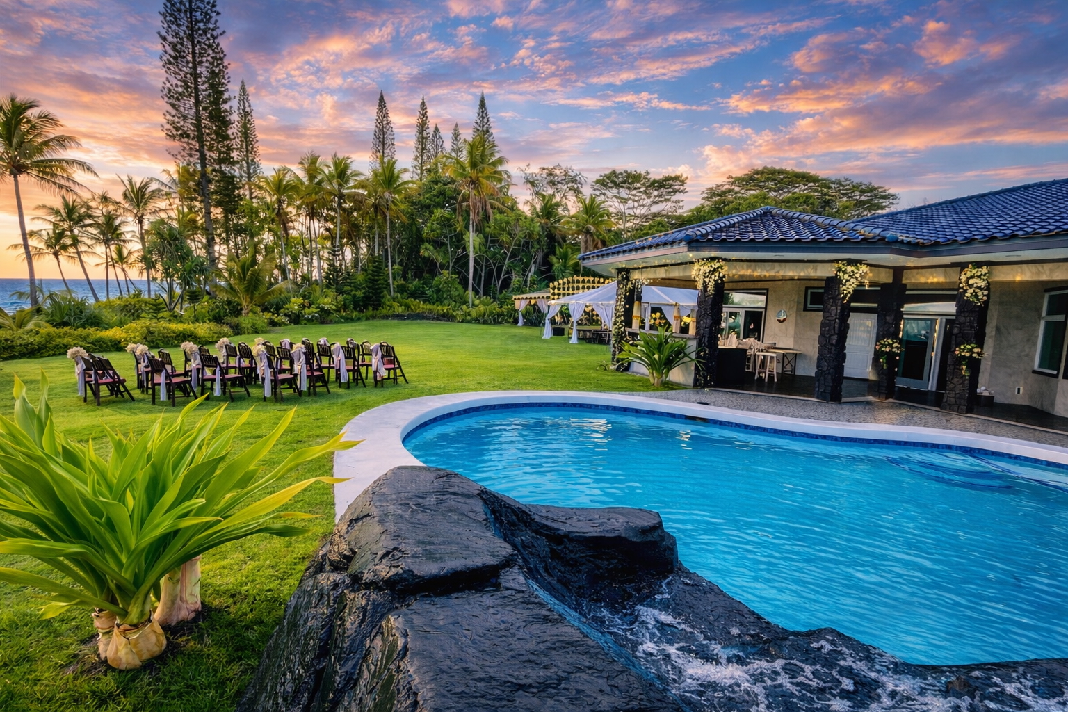 Oceanfront ceremony lawn with chairs, pool, and sunset palms at Wild Blue Waters